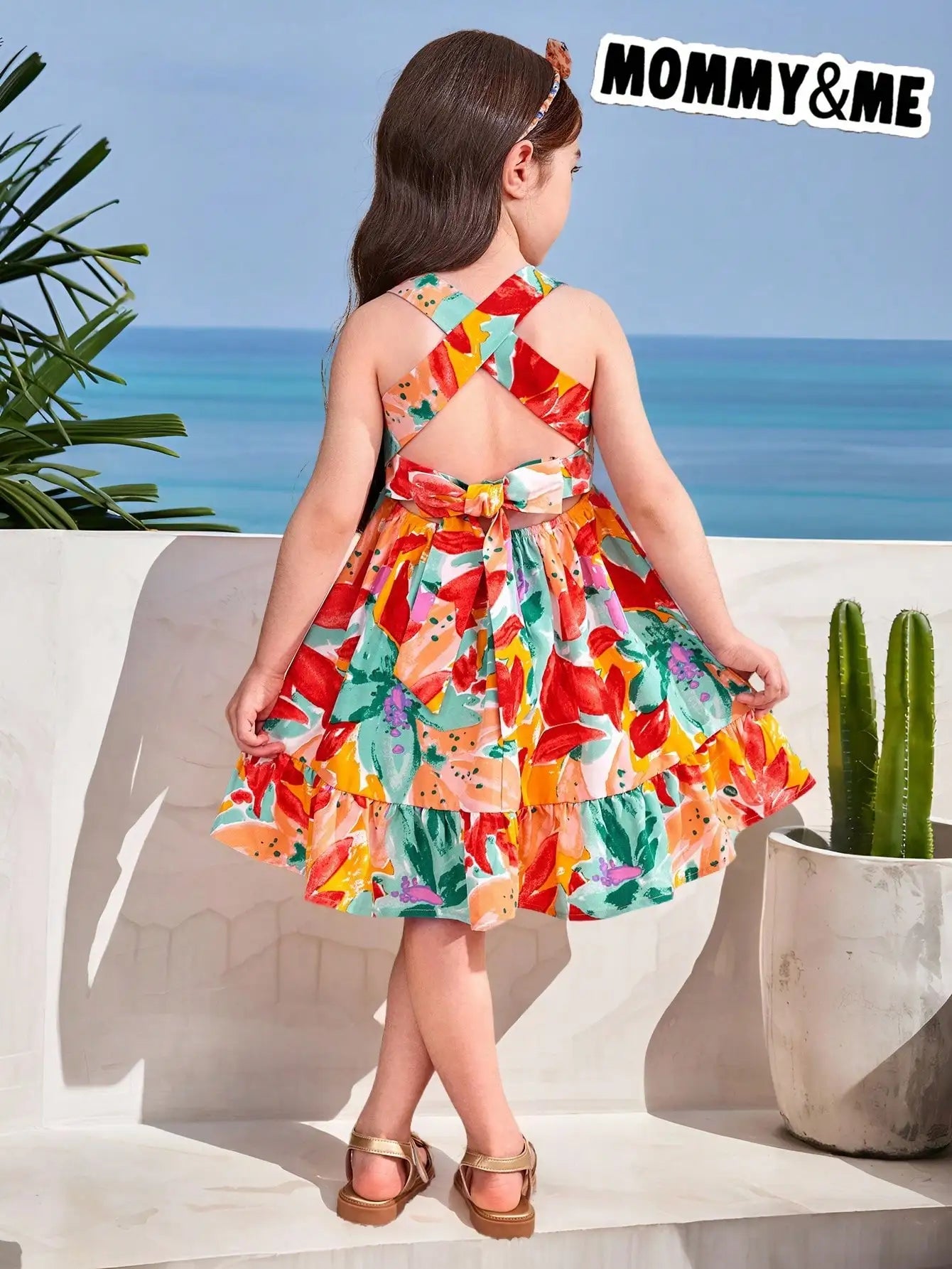 Girls Floral Print Tiered Dress with Cross-Back Bow & Elastic Waist for Summer