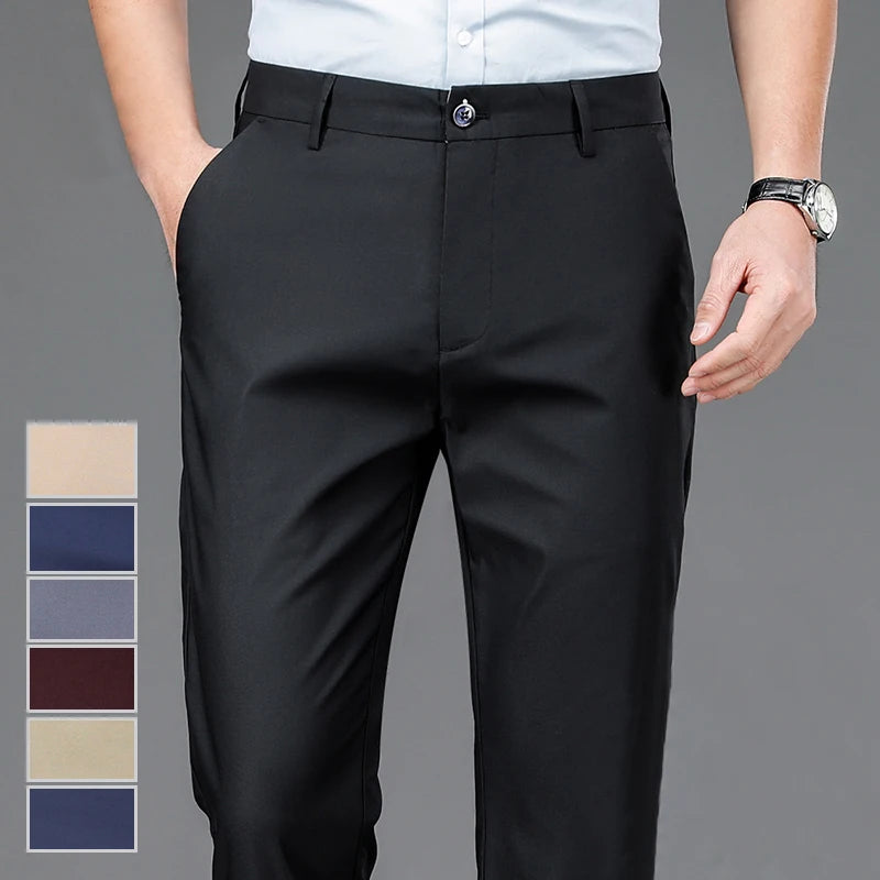 Male Stretch Solid Black Casual Trousers, in Various Colors