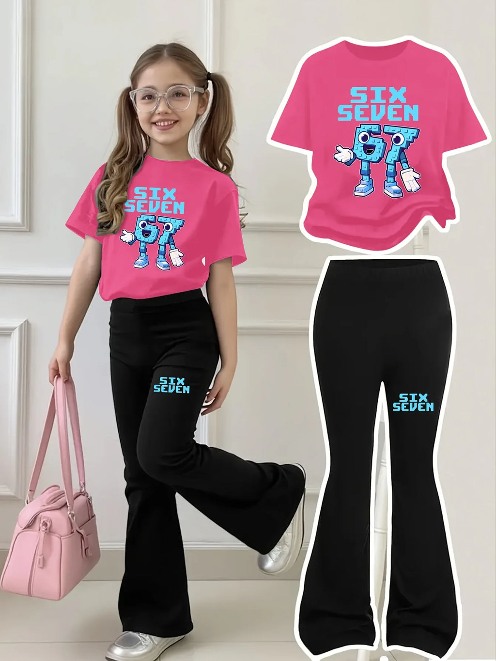 New 2026 Girls Short-Sleeve Top + Long Pants Set, "67" Blue Building Block Texture,