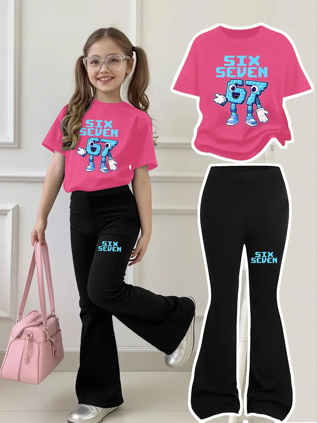 New 2026 Girls Short-Sleeve Top + Long Pants Set, "67" Blue Building Block Texture,