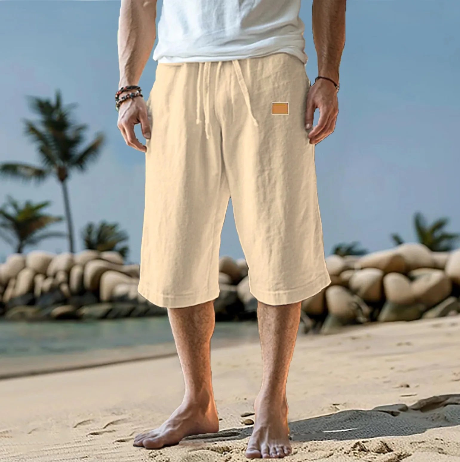 Men's Capri Pants, Lightweight Solid Color, Breathable6 Drawstring Cropped Capris