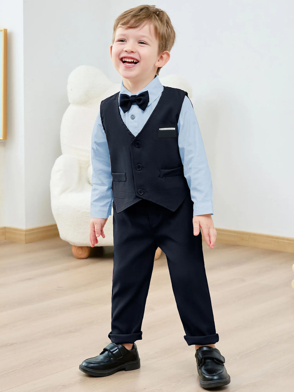 Toddler Boy Formal Wedding Outfit, Long Sleeve Shirt + Suspender Pants + Vest and Bowtie 1-5T