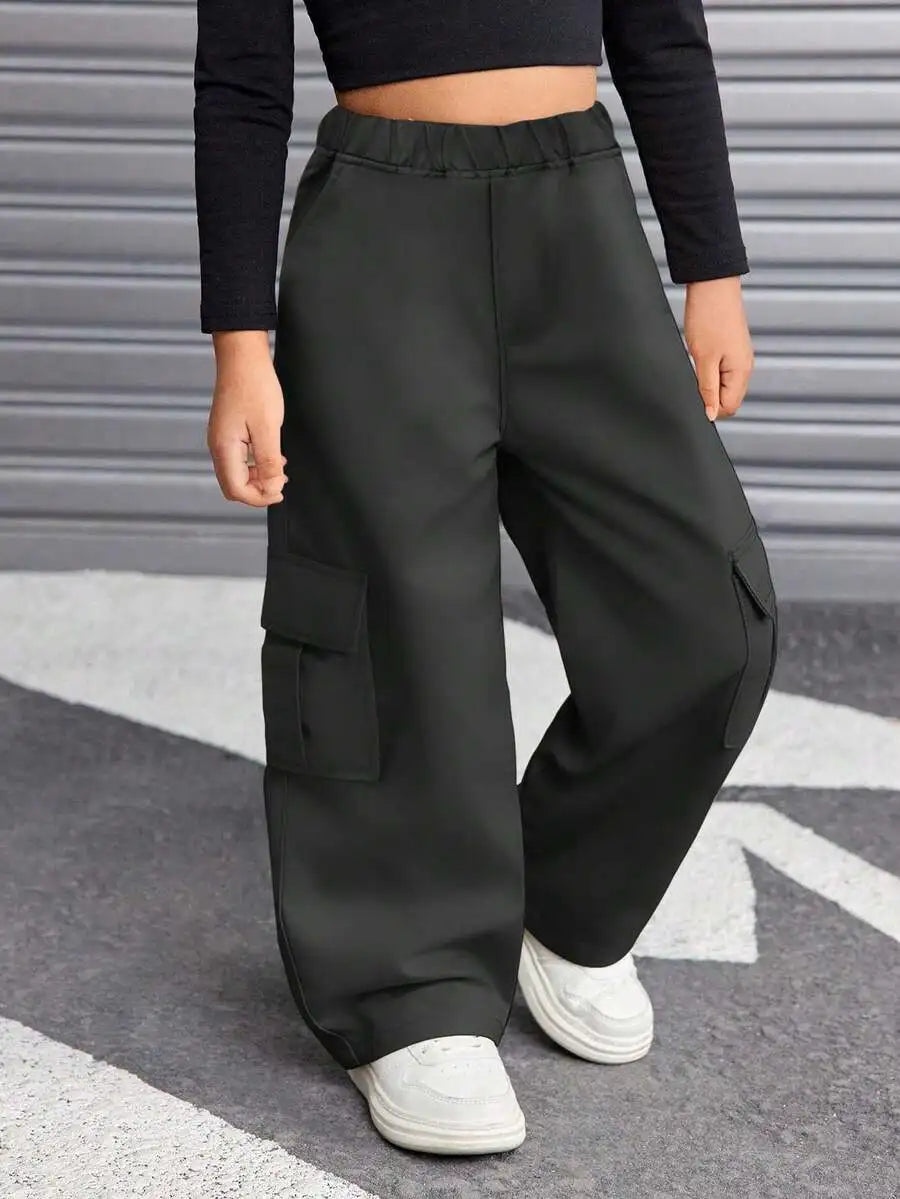 Loose Fit Cargo, Streetwear Style Wide Leg Trousers in Khaki & Black