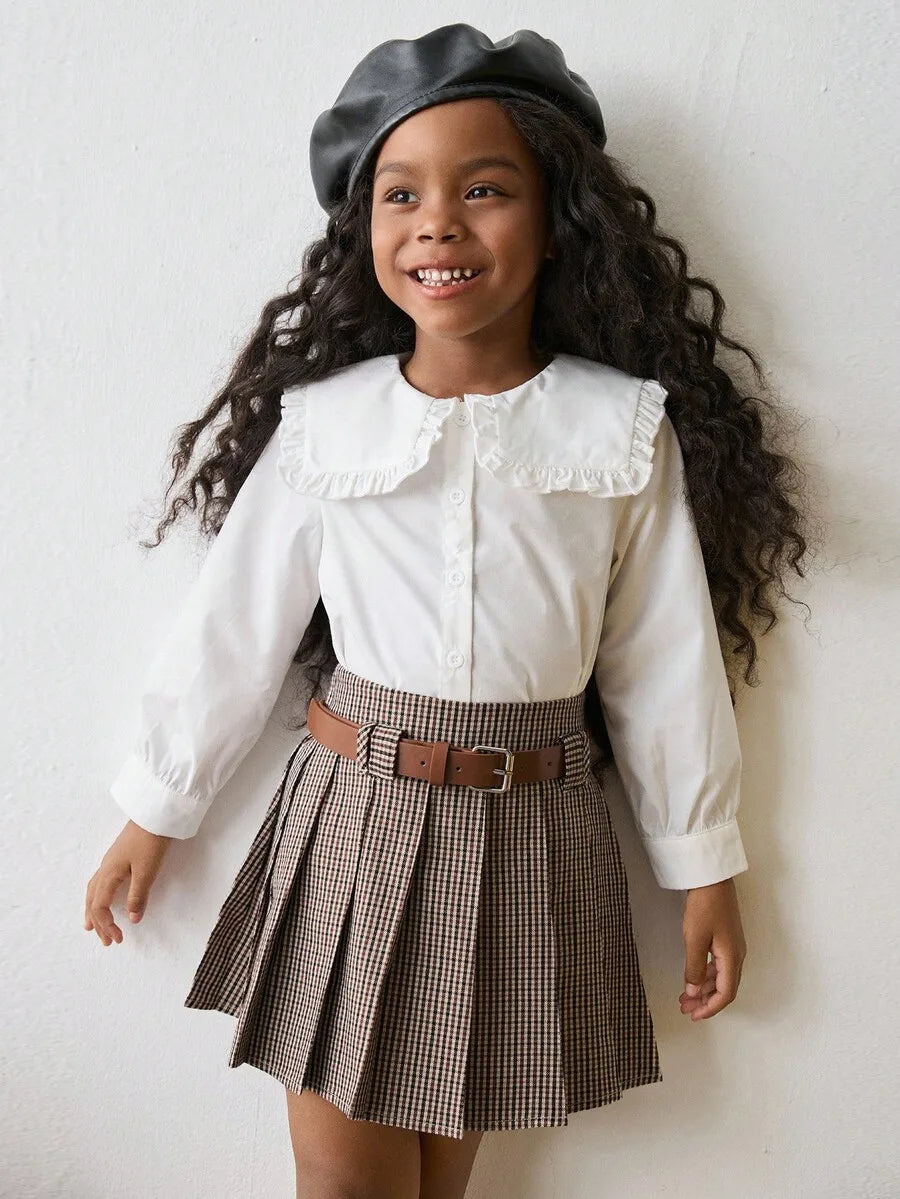 Girls Plaid Pleated Mini Skirt with Belt - Classic Checkered Design