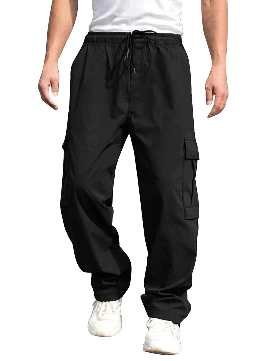 Men s Loose Cargo Long Pants Solid Color Drawstring Waist Straight Leg with Pockets