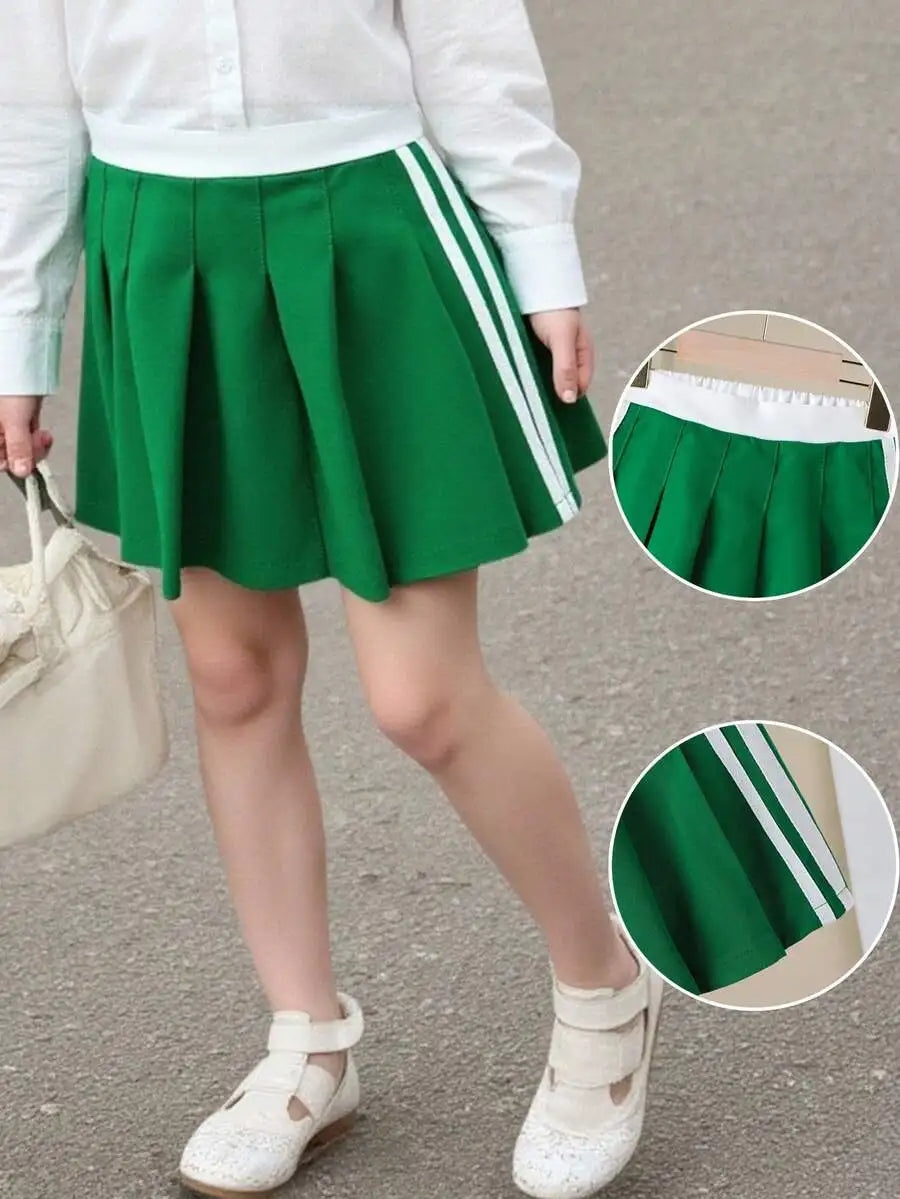 Navy Blue Pleated Skirt for Girls with White Stripe Trim and Elastic Waist