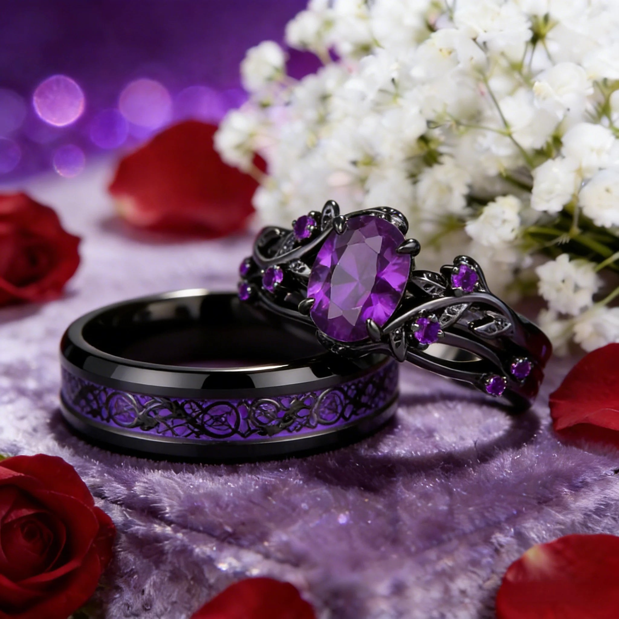 Couple Rings Romantic Purple Rhinestones CZ Rings Set, Trendy Steel Celtic Dragon Rings