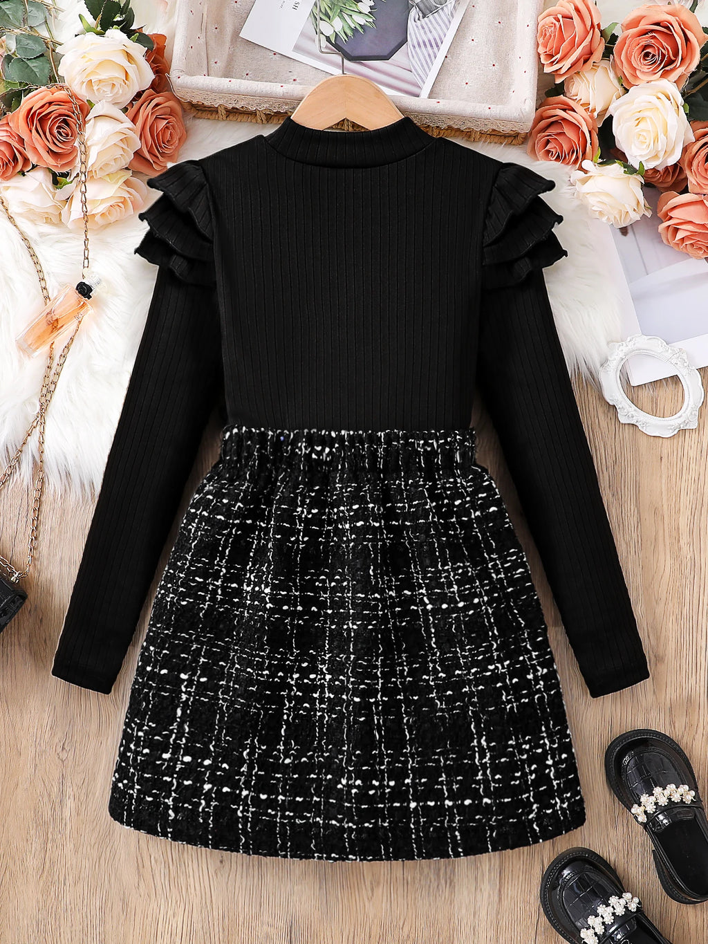 Girls 2Pc Fashion Set, Black High Neck Layered Petal Long Sleeve Top & A-Line Skirt