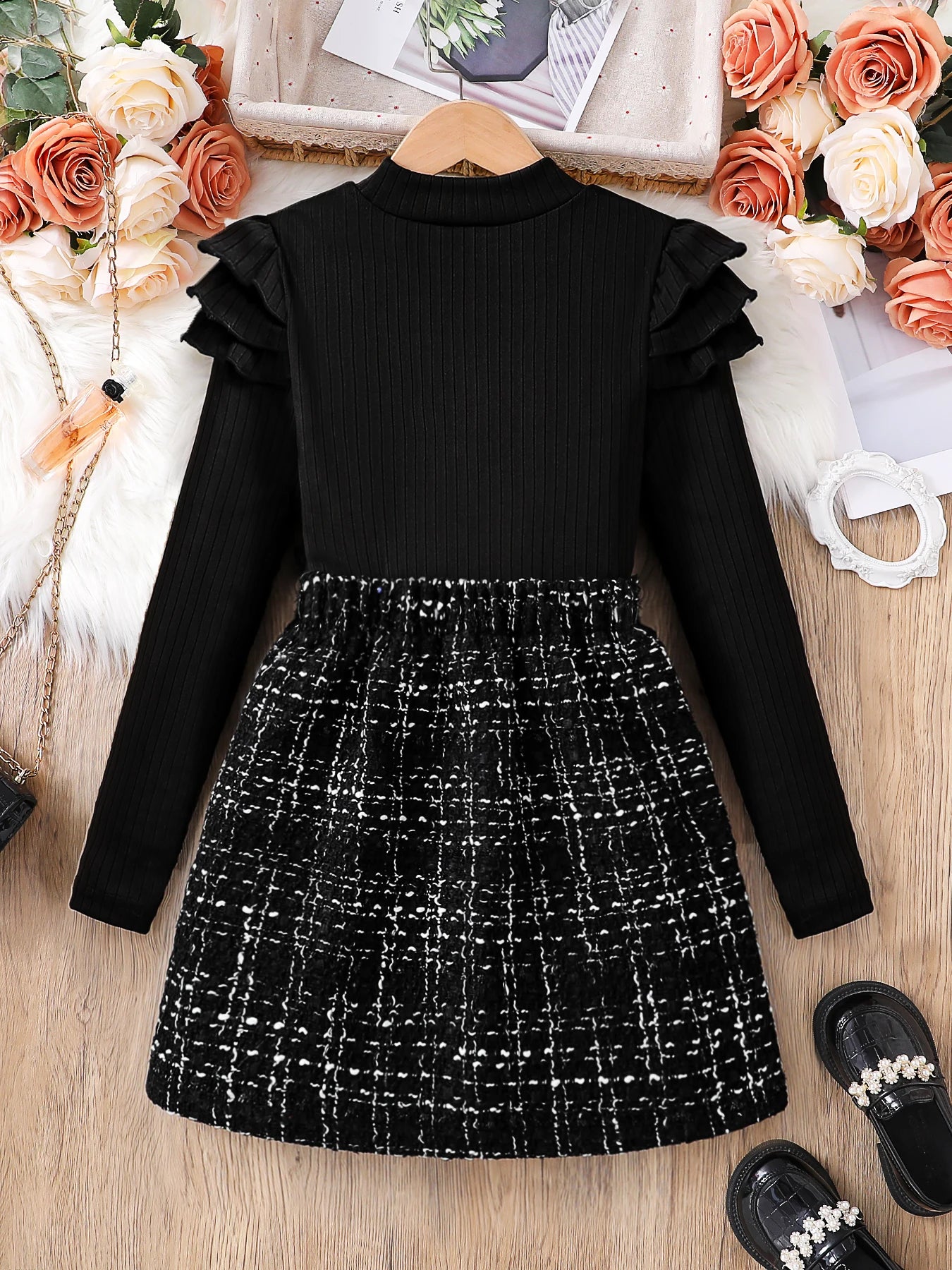Girls 2Pc Fashion Set, Black High Neck Layered Petal Long Sleeve Top & A-Line Skirt