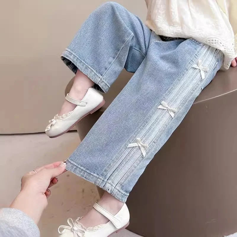 Girls New 2025 Bow Jeans, Wide-Leg, Loose long Pants