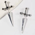 Hip Hop Cross Sword Stud Earrings, Classic Blask Crystal Stone Silver Ox Gold Black Color