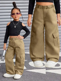 Loose Fit Cargo, Streetwear Style Wide Leg Trousers in Khaki & Black