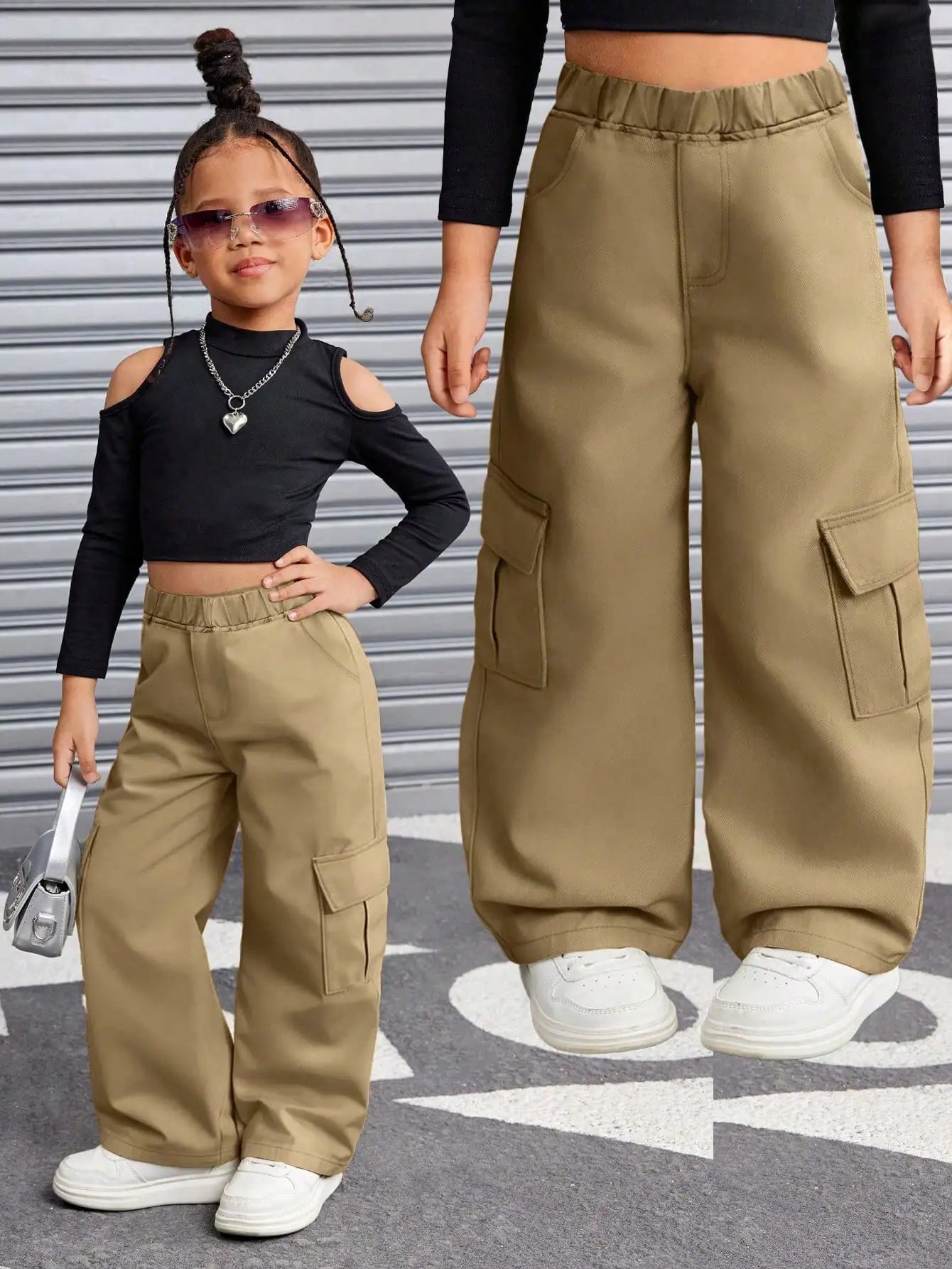 Loose Fit Cargo, Streetwear Style Wide Leg Trousers in Khaki & Black