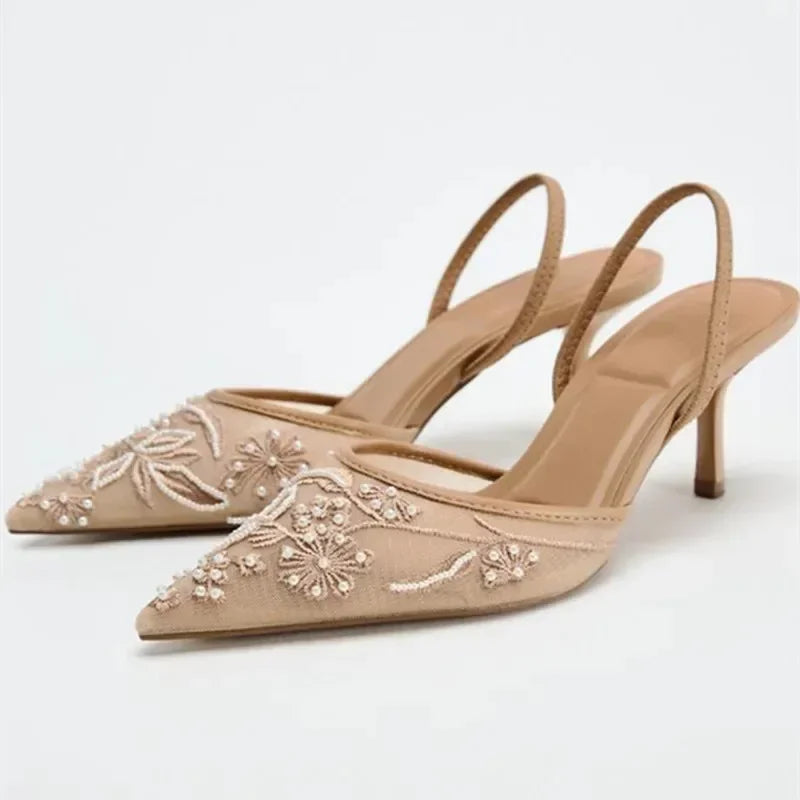 Brown String Bead Mesh Embroider Slingback High Heels Women Sexy Pointed Toe Heeled Sandals
