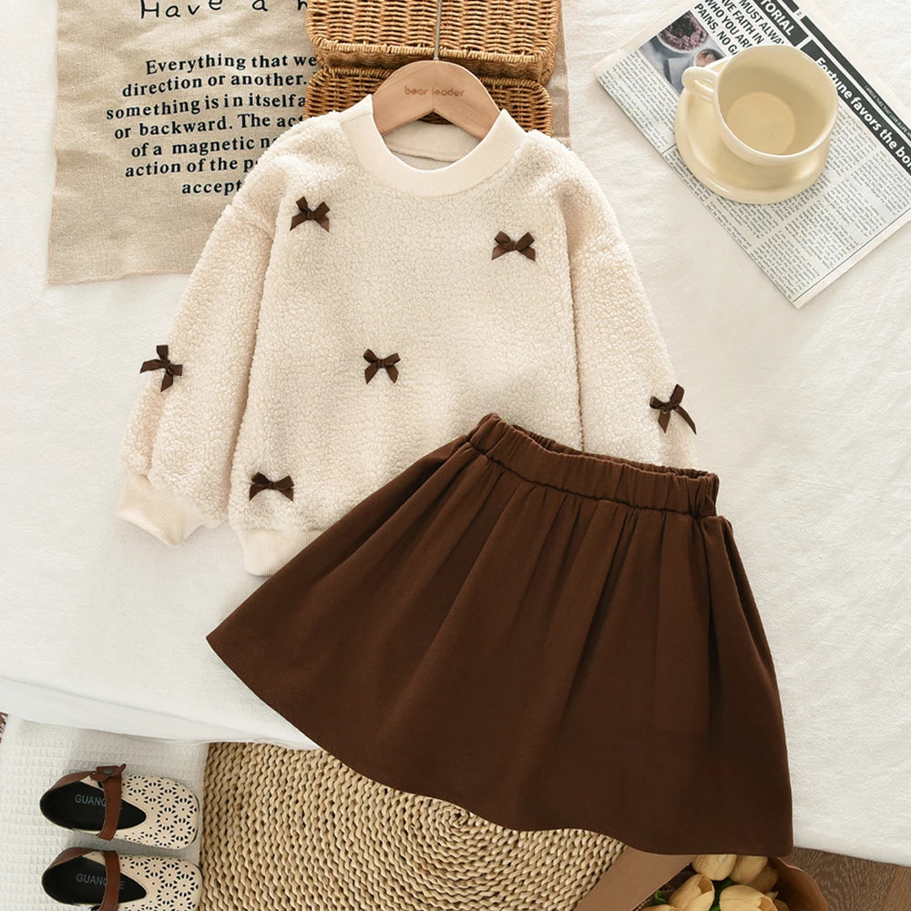 New Khaki Fashion Girls Round Neck Long Sleeve Bow Top with Pleated Skirt 2Pc Set, 3-7yr