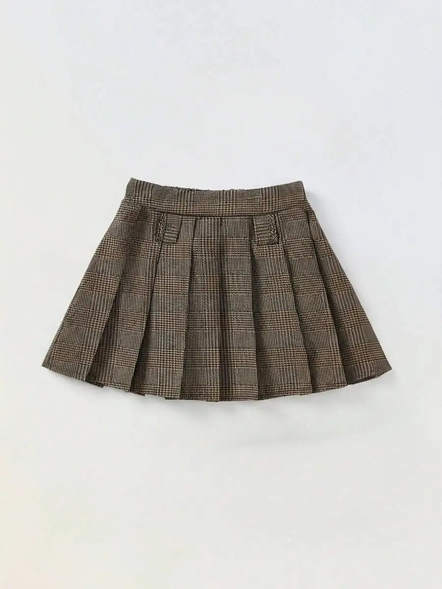 Girls Plaid Pleated Mini Skirt with Belt - Classic Checkered Design