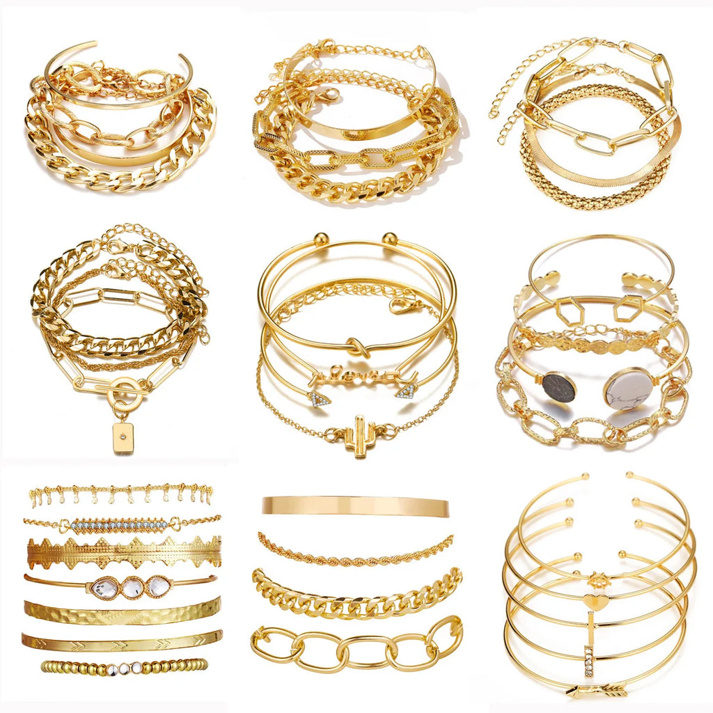 Bohemian Chain Bracelet Set, Gold Color, Thick Link Chain, Open Bangle Fashion Jewelry