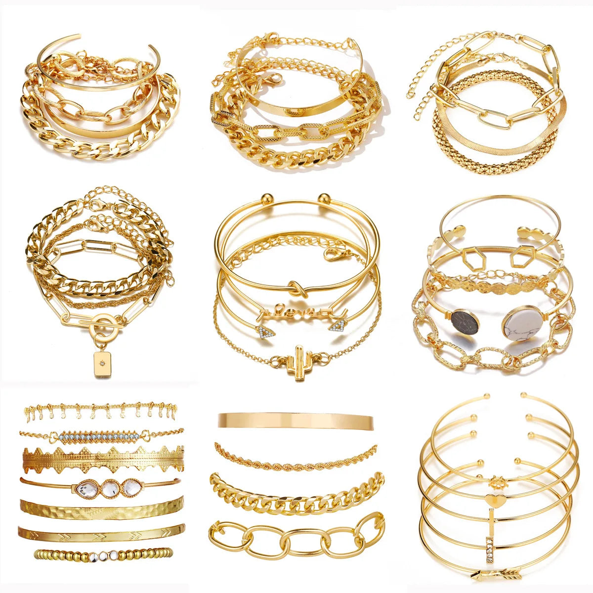 Bohemian Chain Bracelet Set, Gold Color, Thick Link Chain, Open Bangle Fashion Jewelry