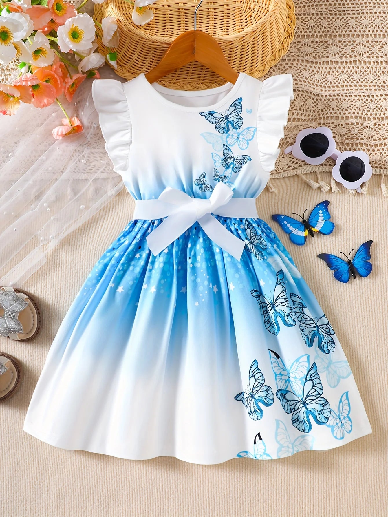 Girls' Beautiful Fashion Round Neck, Flutter Sleeve Dress with Butterfly Digital Print, in Pink and Blue