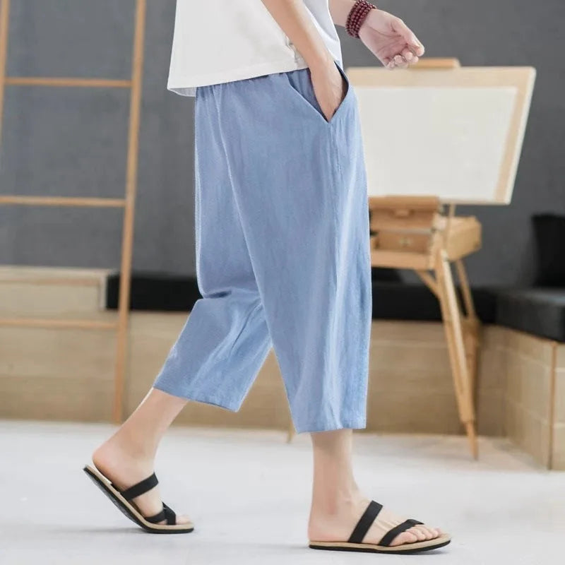 2025 new summer men's casual imitation linen seven quarter pants, thin solid color cut pants, fashionable hip-hop street sports