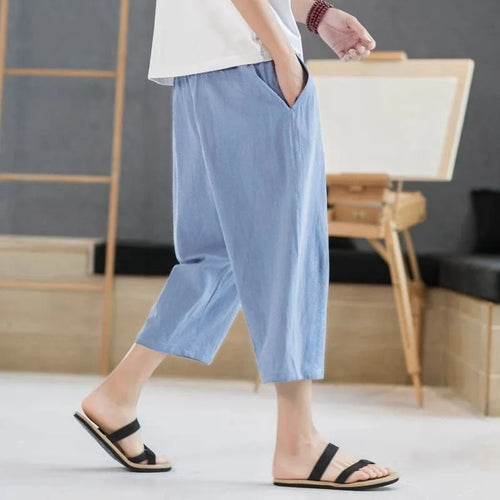2025 new summer men's casual imitation linen seven quarter pants, thin solid color cut pants, fashionable hip-hop street sports