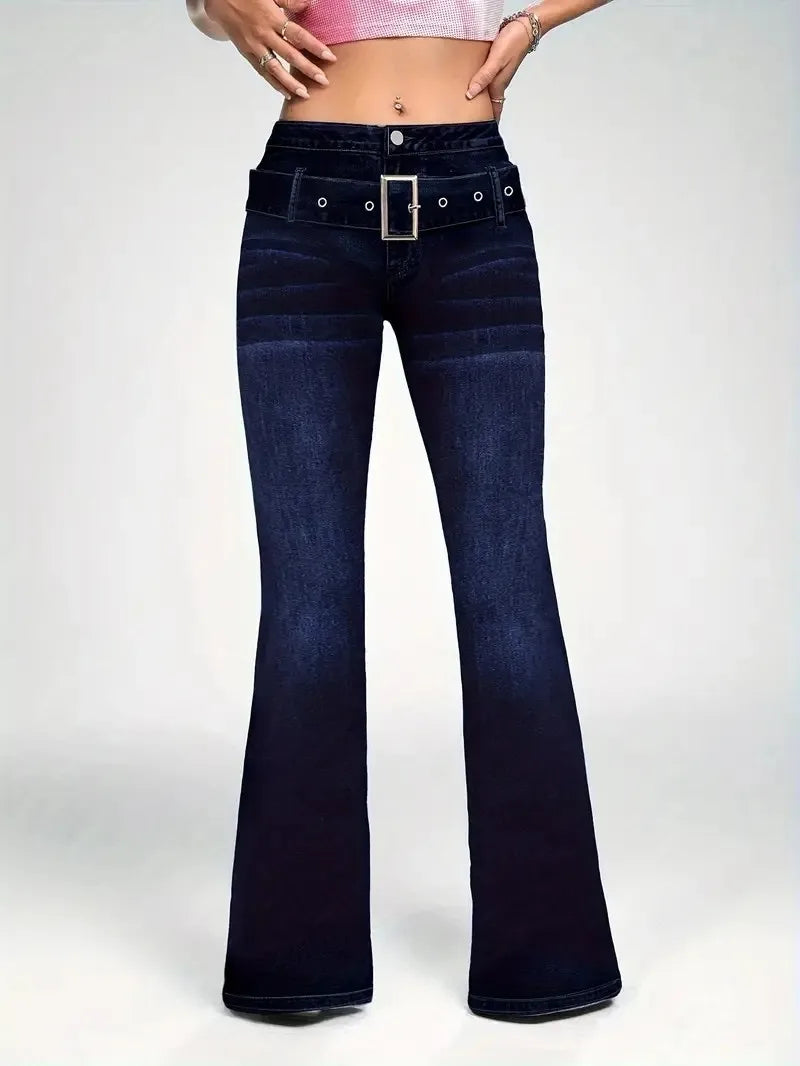 Women's Fashionable Dark Blue Wash Flared Jeans, with Decorative Strap Buckle, Stretch Slim Fit