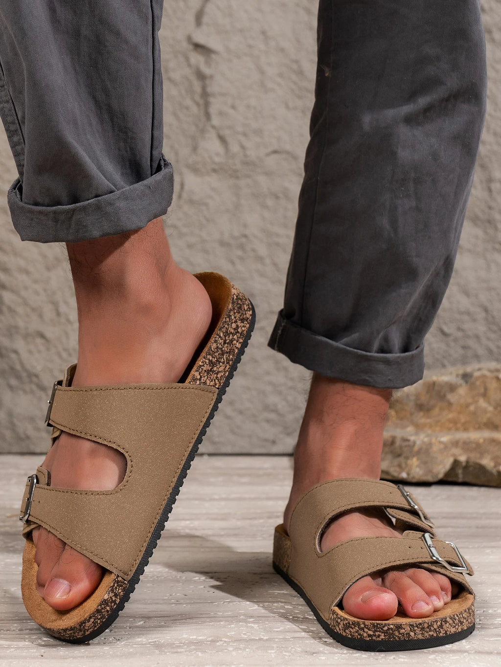 Men's Teen Mules New Spring and Summer Retro Casual Slip-On Shoes Upper Double Strap with Adjustable Buckle