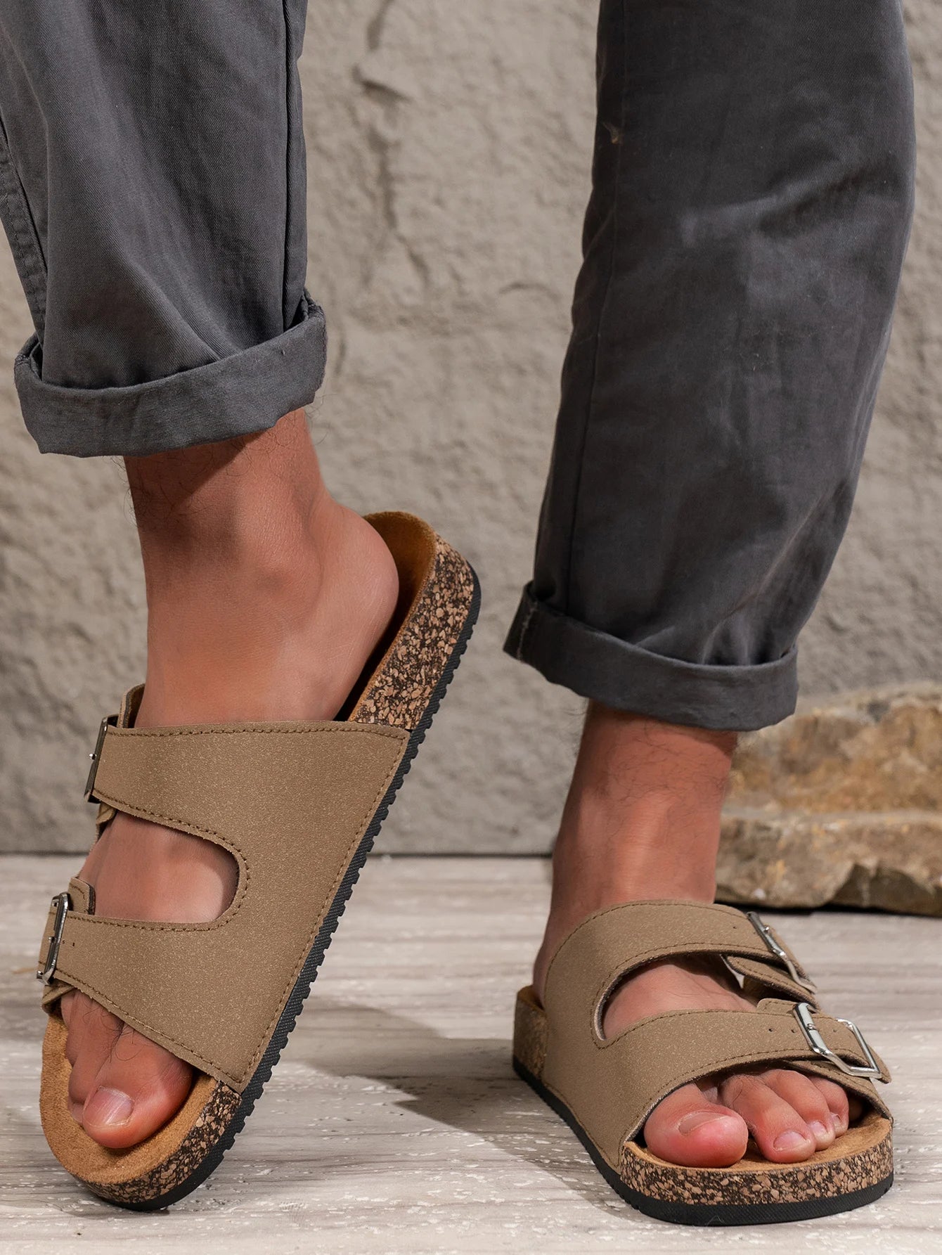Men's Teen Mules New Spring and Summer Retro Casual Slip-On Shoes Upper Double Strap with Adjustable Buckle