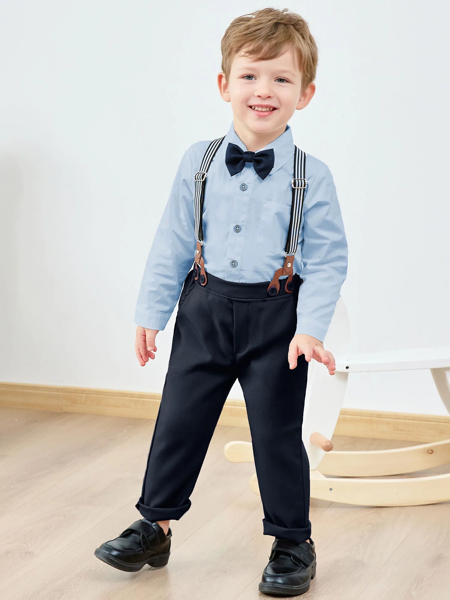 Toddler Boy Formal Wedding Outfit, Long Sleeve Shirt + Suspender Pants + Vest and Bowtie 1-5T