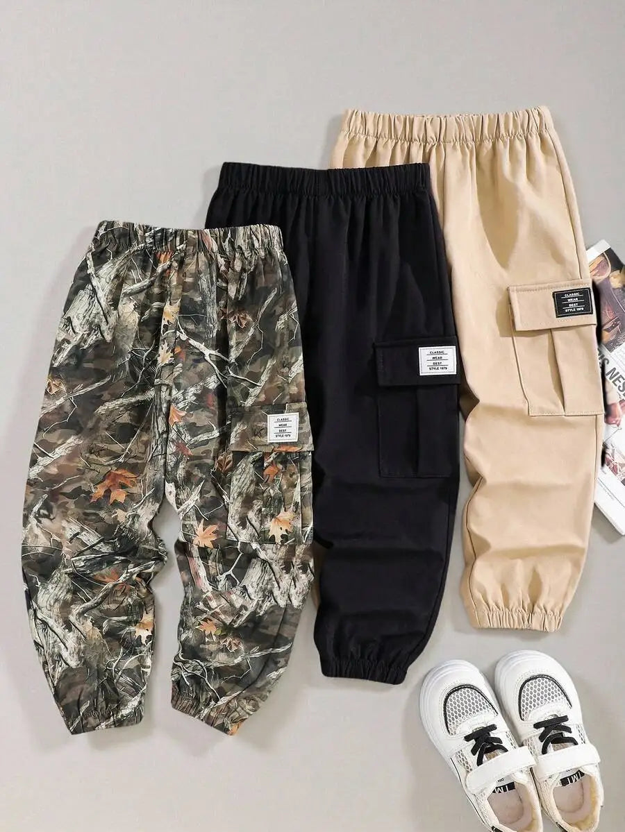 3-Pack Kids Loose Fit Cargo Pants with Drawstring Waist, Multicolor