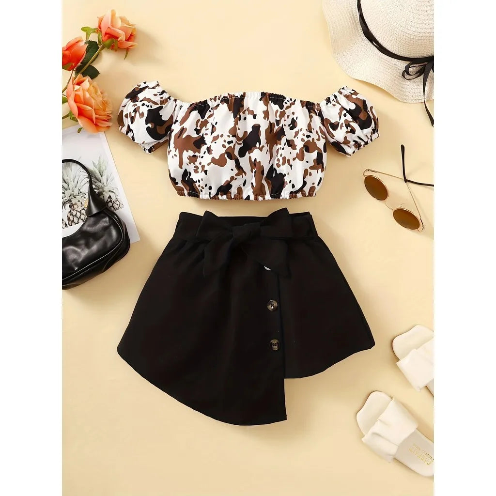 Toddler Girls 2PCS Set, Off Shoulder Leopard Print Top and Short Skirt with Bow, Also in Black, Ages 1-4 Years