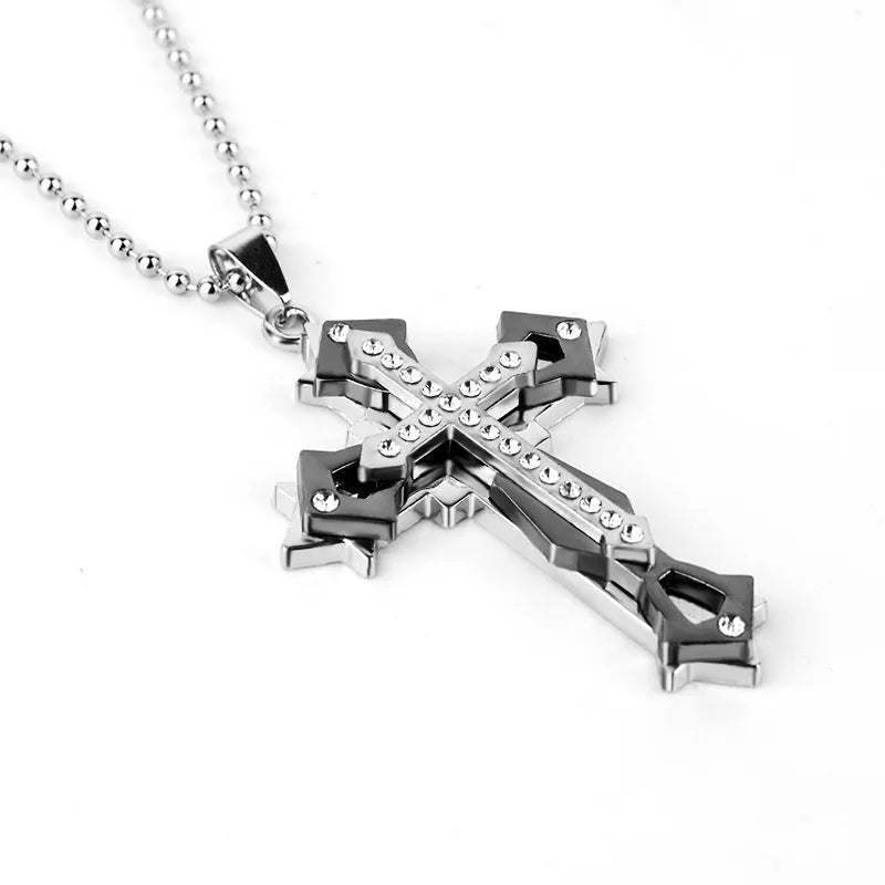 2025 Ins New Cross Pendant Necklace, Zircon Black Gold Color Stainless Steel Chain