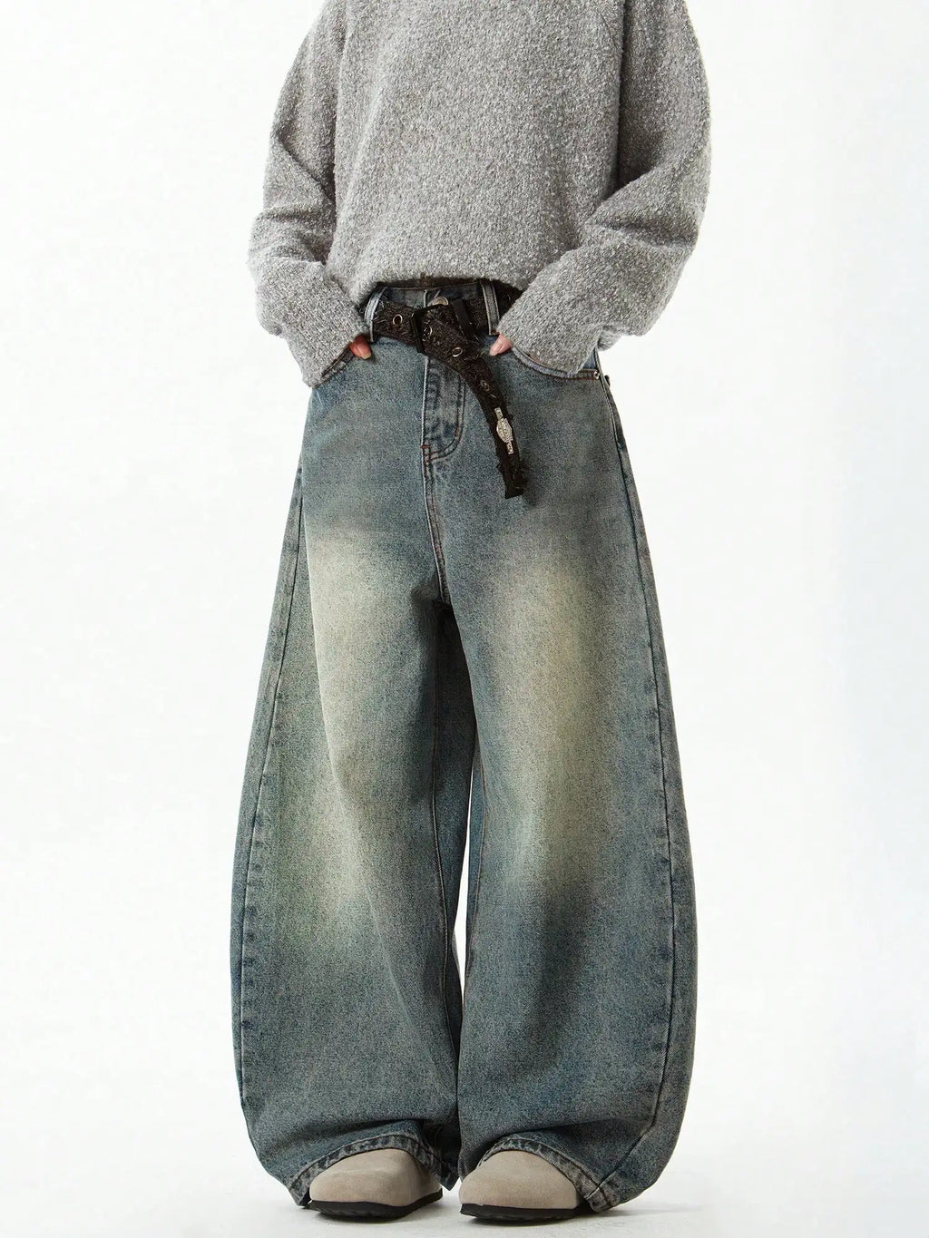 Men's Blue Wide-Leg Denim Baggy Jeans, Vintage Three-Dimensional Cut Curved Knife