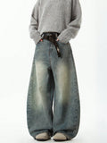 Men's Blue Wide-Leg Denim Baggy Jeans, Vintage Three-Dimensional Cut Curved Knife