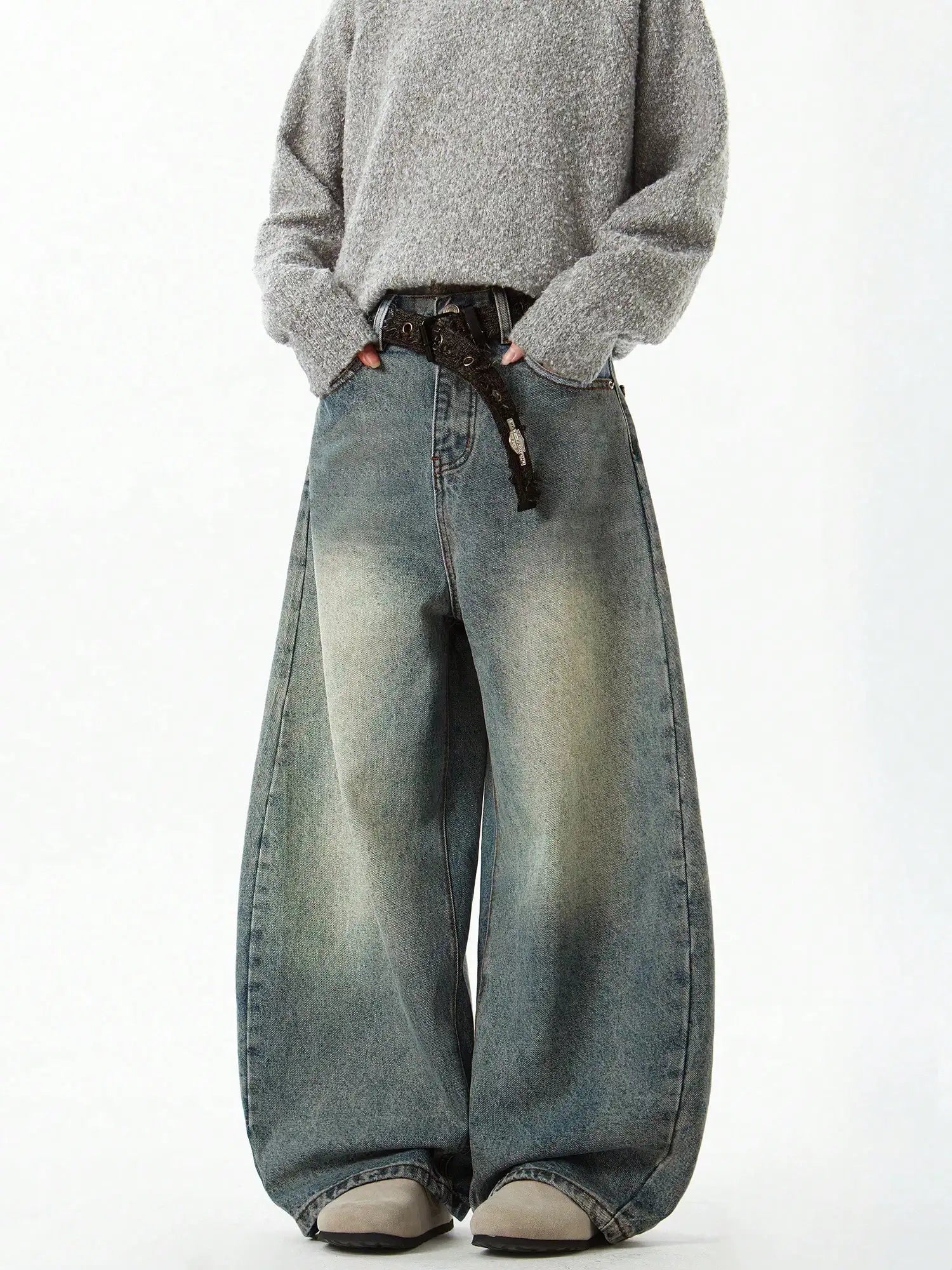 Men's Blue Wide-Leg Denim Baggy Jeans, Vintage Three-Dimensional Cut Curved Knife