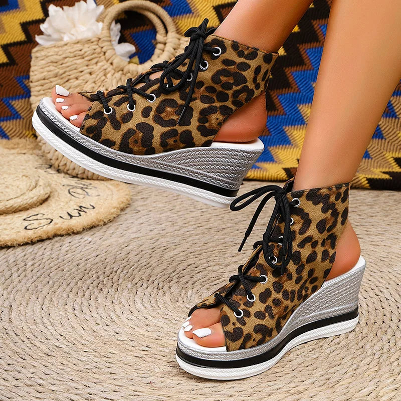 Fashion Leopard Print Casual Sandals, Open Toe, Comfortable, Lace Up