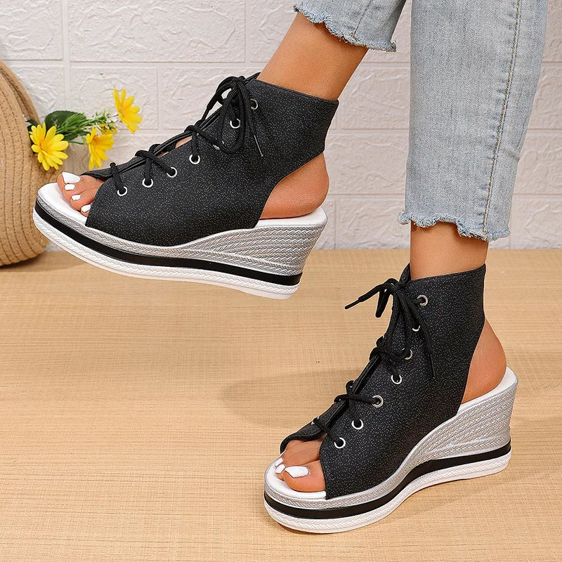Fashion Leopard Print Casual Sandals, Open Toe, Comfortable, Lace Up
