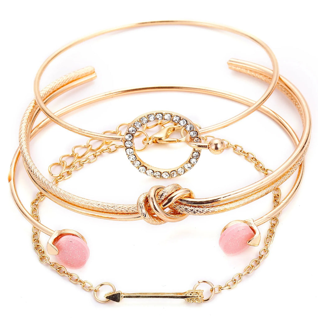 Bohemian Chain Bracelet Set, Gold Color, Thick Link Chain, Open Bangle Fashion Jewelry