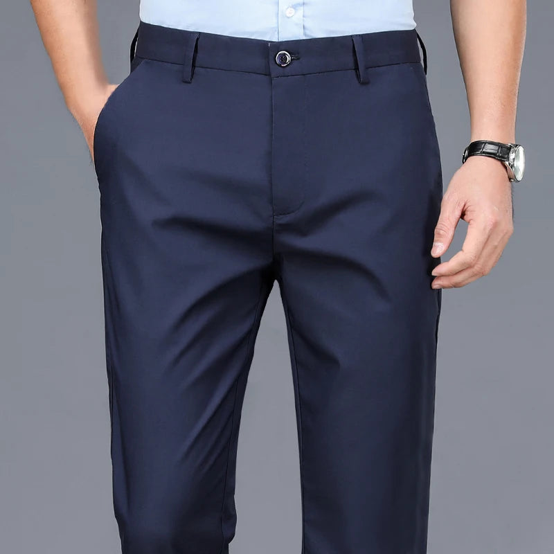 Male Stretch Solid Black Casual Trousers, in Various Colors