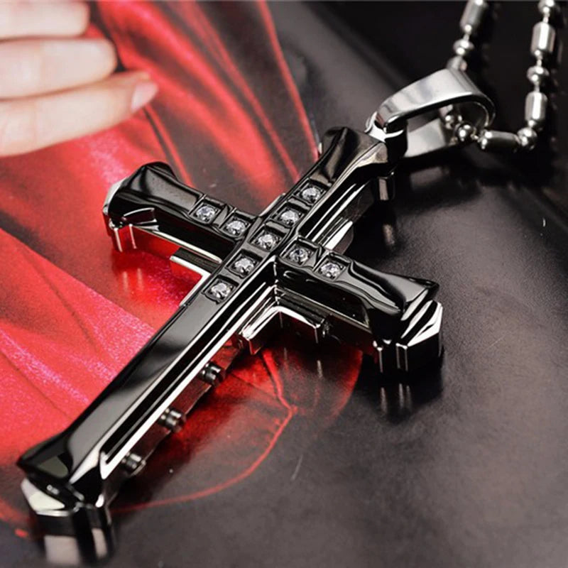 2025 Ins New Cross Pendant Necklace, Zircon Black Gold Color Stainless Steel Chain