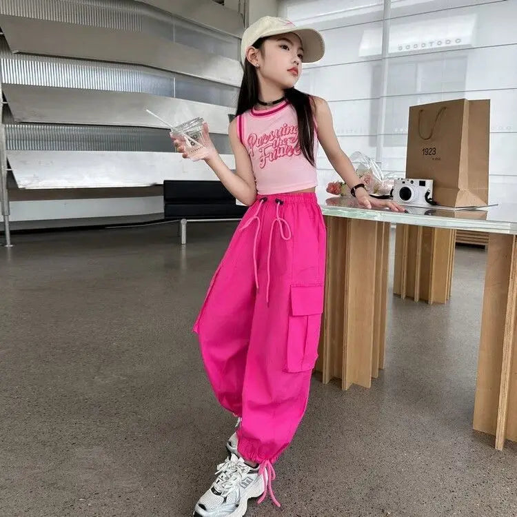 New Summer Streetwear Cargo Pants for Teenage Girls, Baggy Wide Leg