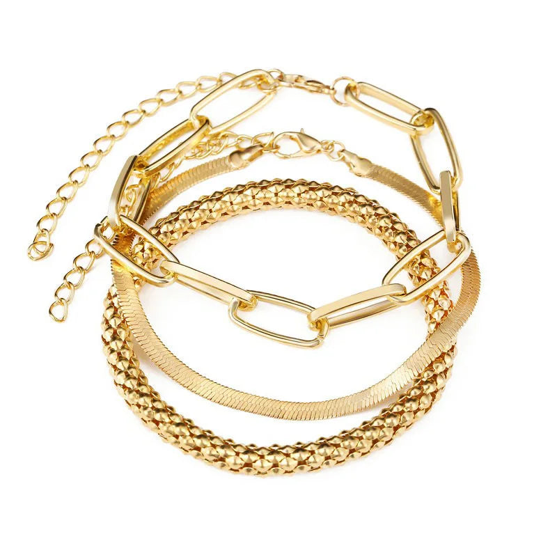Bohemian Chain Bracelet Set, Gold Color, Thick Link Chain, Open Bangle Fashion Jewelry