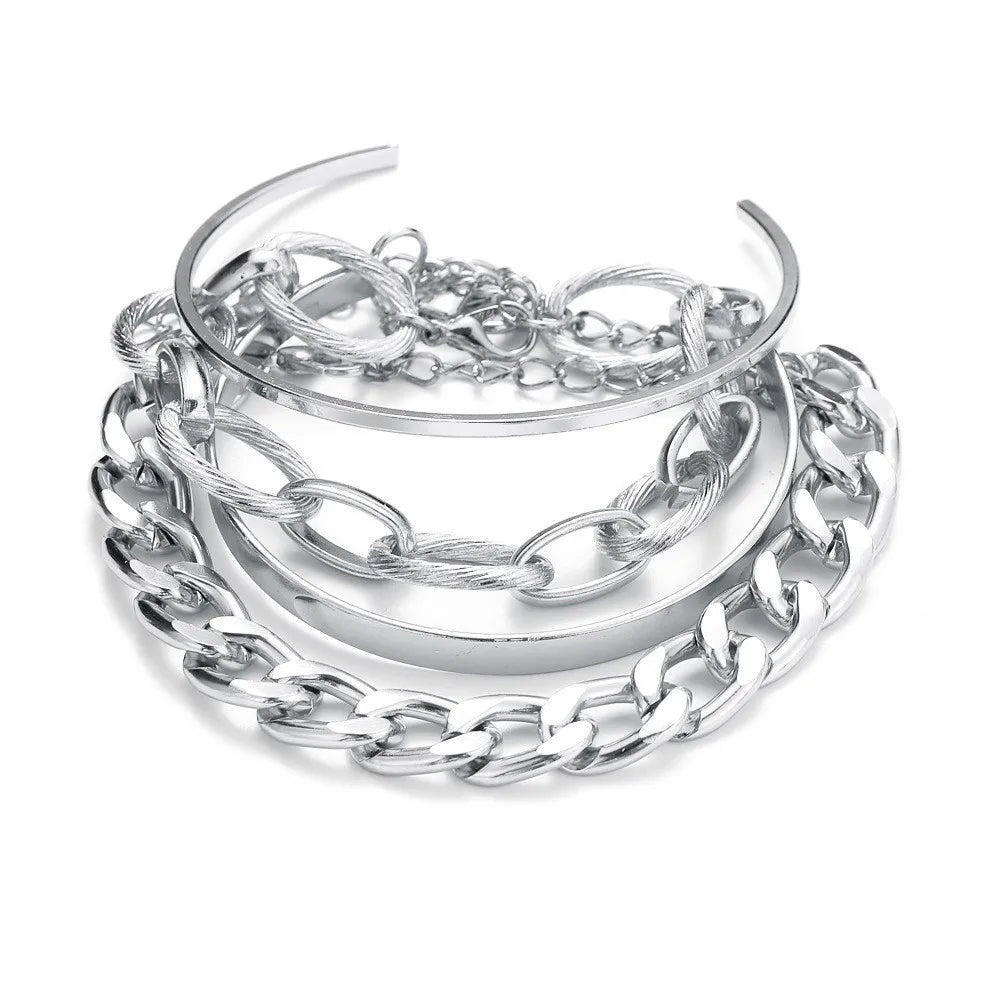 Bohemian Chain Bracelet Set, Gold Color, Thick Link Chain, Open Bangle Fashion Jewelry