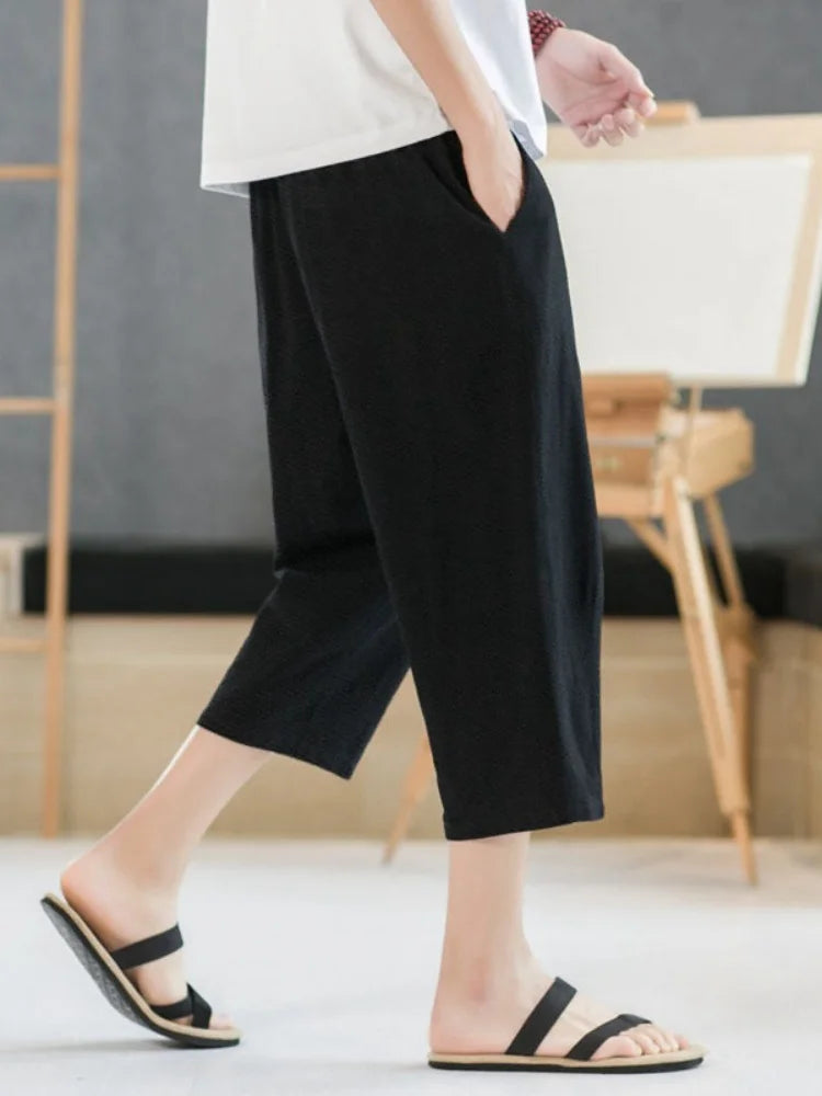 2025 new summer men's casual imitation linen seven quarter pants, thin solid color cut pants, fashionable hip-hop street sports