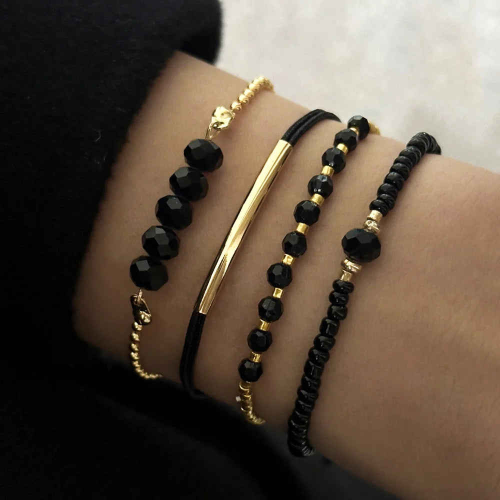 4Pcs/Set Fashion Black Glass Stone Bracelet, Boho Handmade Jewelry