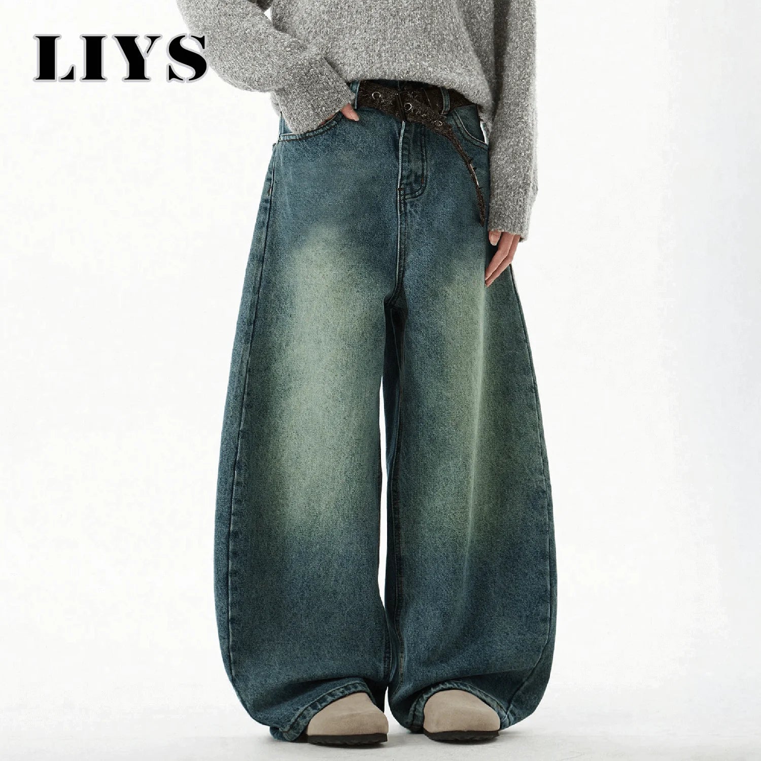 Men's Blue Wide-Leg Denim Baggy Jeans, Vintage Three-Dimensional Cut Curved Knife