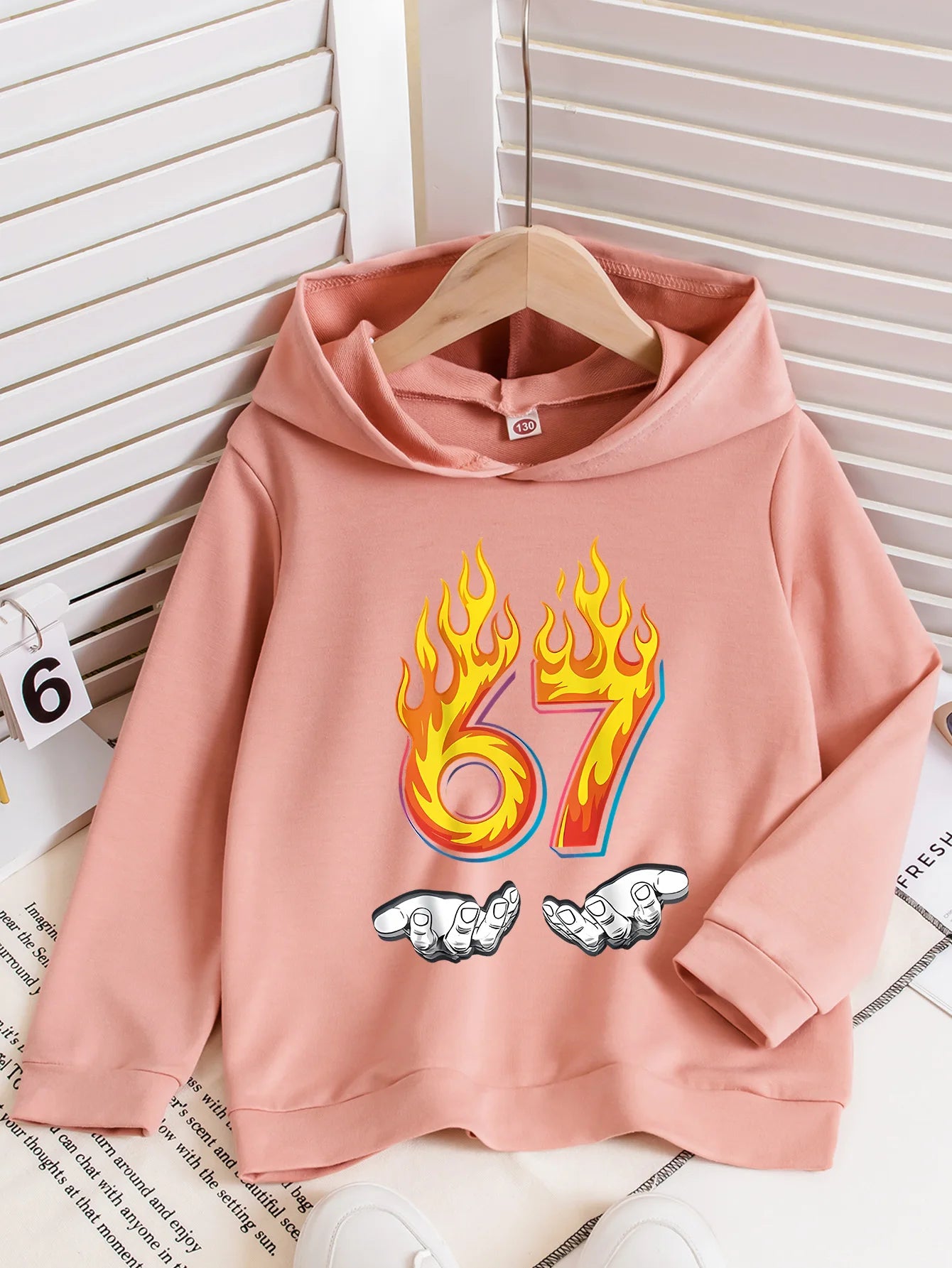 Children's Unisex Printed Flame 67 Pattern Hooded Sweatshirt in 4 Colors